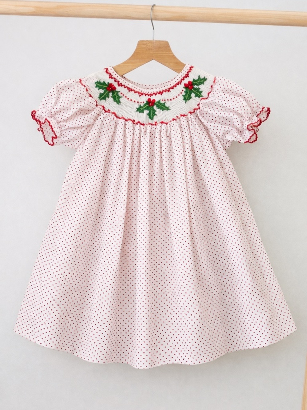 Vintage Christmas Bishop Hand Smocked Dress with Holly Embroidery Baby Girl 12 m